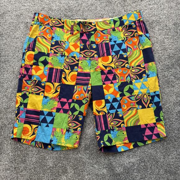 Loudmouth Chino Shorts Mens 39 Multicolor Geometric Patchwork Golf Sports Cotton - Picture 1 of 13